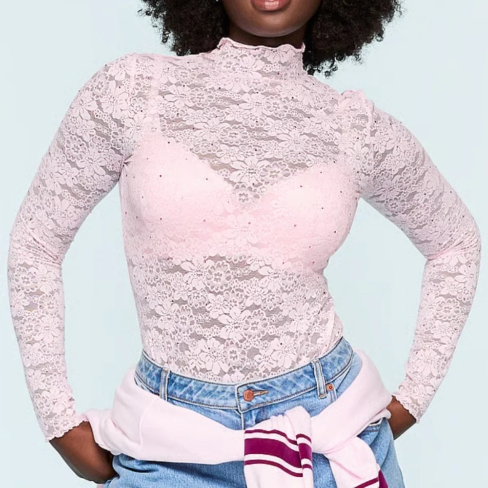 🎀PINK Victoria's Secret Lace Long Sleeve body suit - Light Pink with pink bling